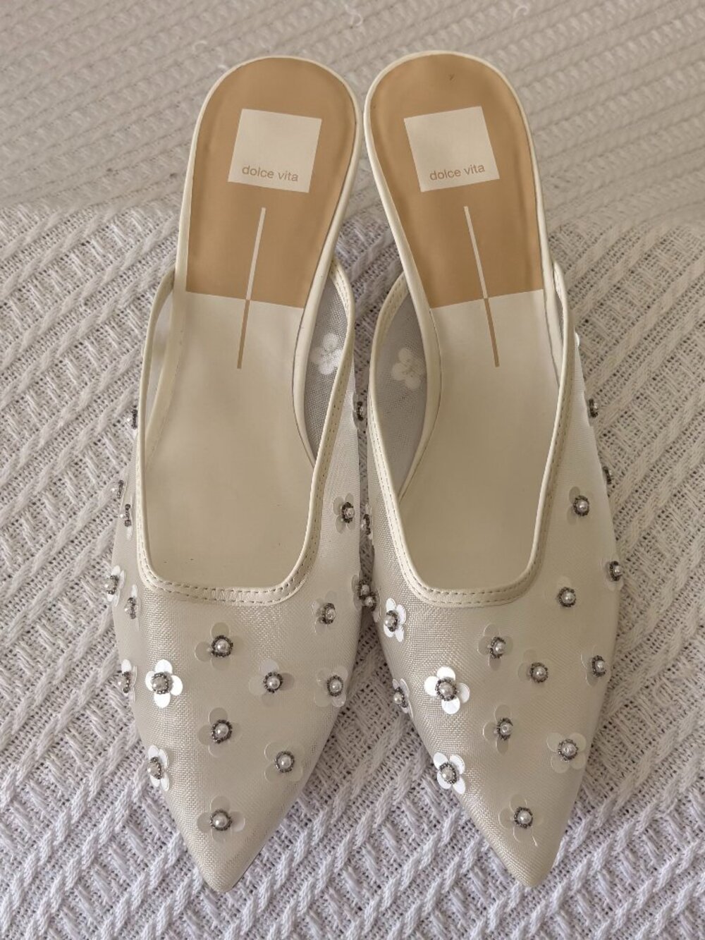 Dolce Vita Clara Pearl Kitten Heel Mules in True White Daisy Mesh